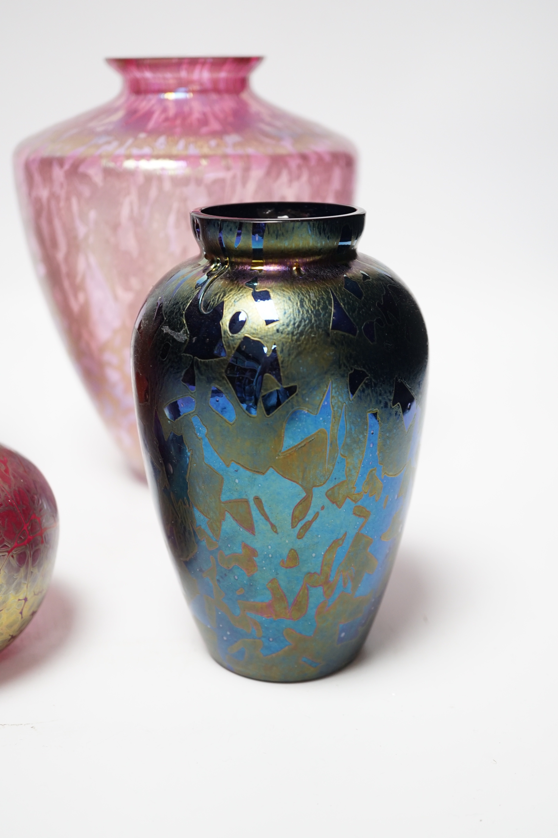A Siddy Langley glass vase and three Royal Brierley vases, tallest 20cm high